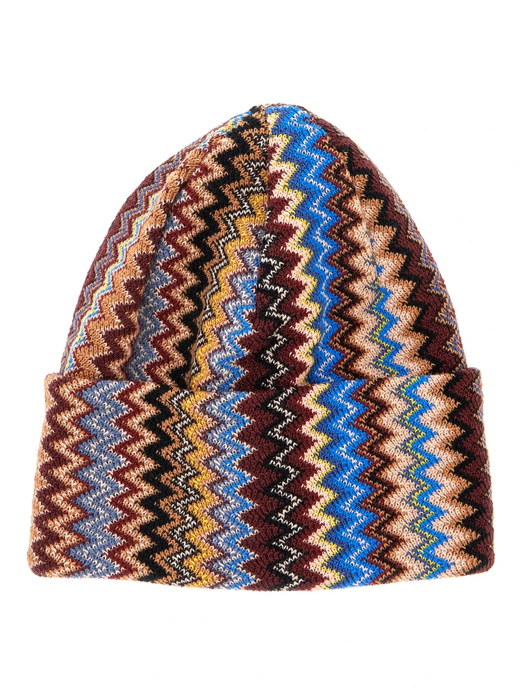 Multicolor beanie with turn-up brim ZigZag motif in wool blend for men
