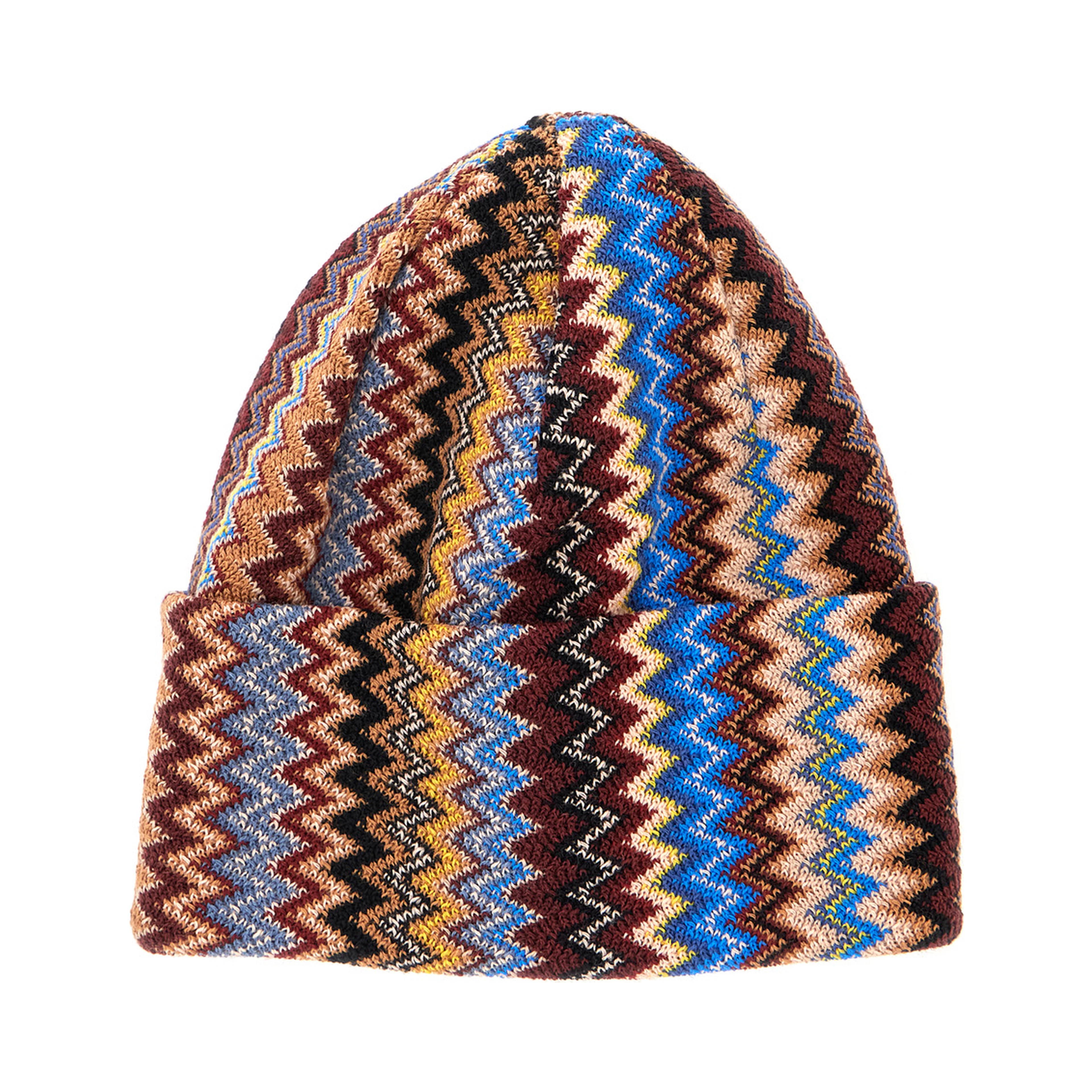 Multicolor beanie with turn-up brim ZigZag motif in wool blend for men