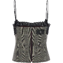 Gray Top with neckline with lace details and check motif all-over in blend wool for women