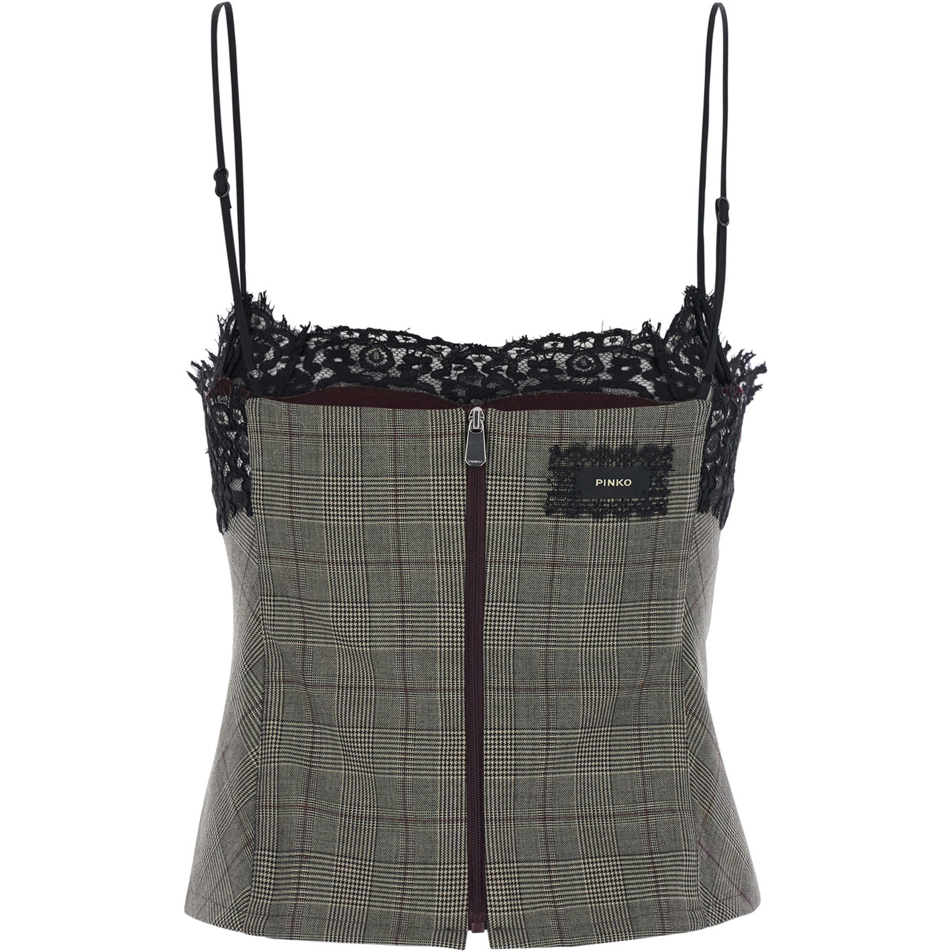 Gray Top with neckline with lace details and check motif all-over in blend wool for women