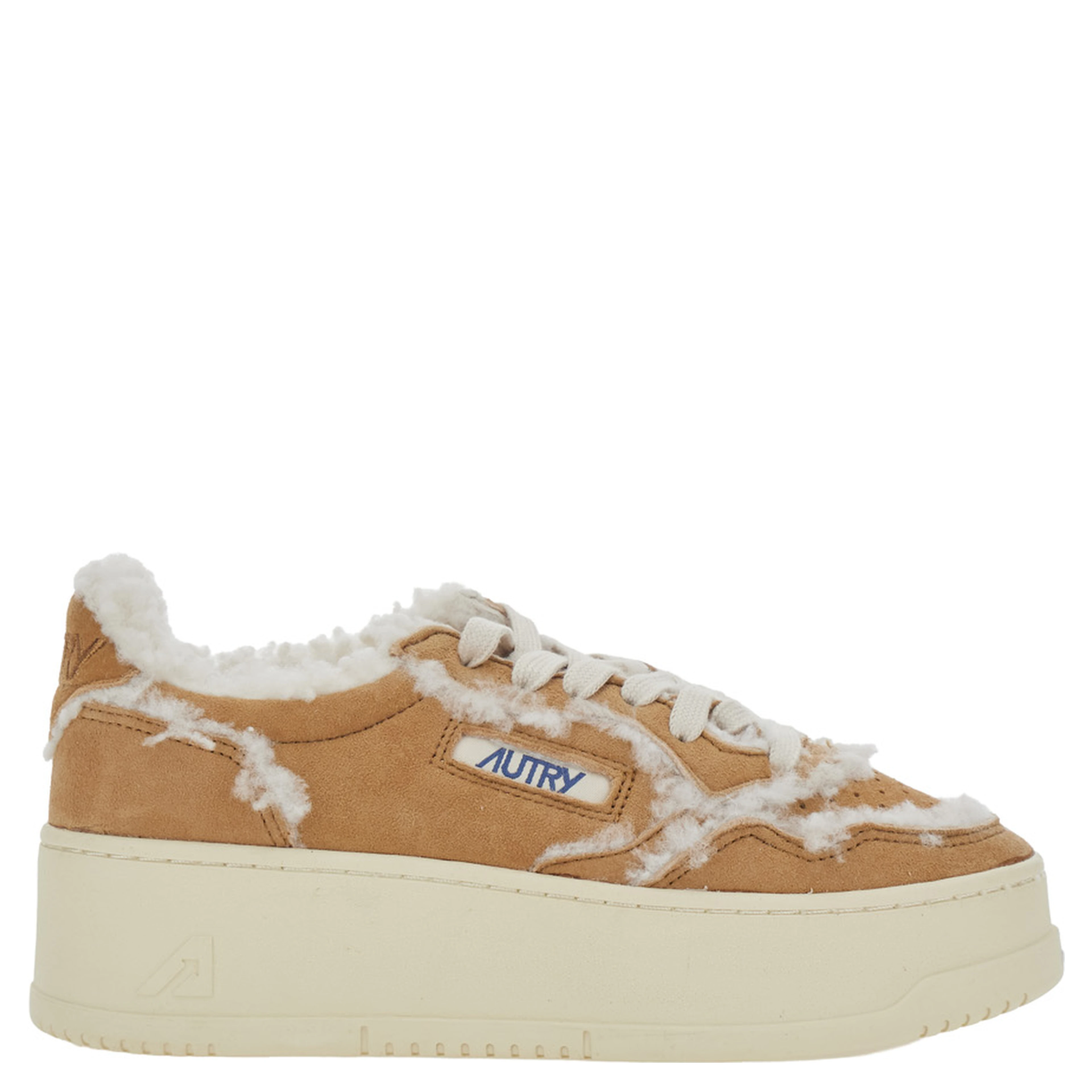 Beige sneakers with platform heel and logo patch in suede for women