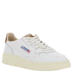 Medalist White Low Top Sneaker with Logo Patch on Tongue and Leopard Motif in Leather Women