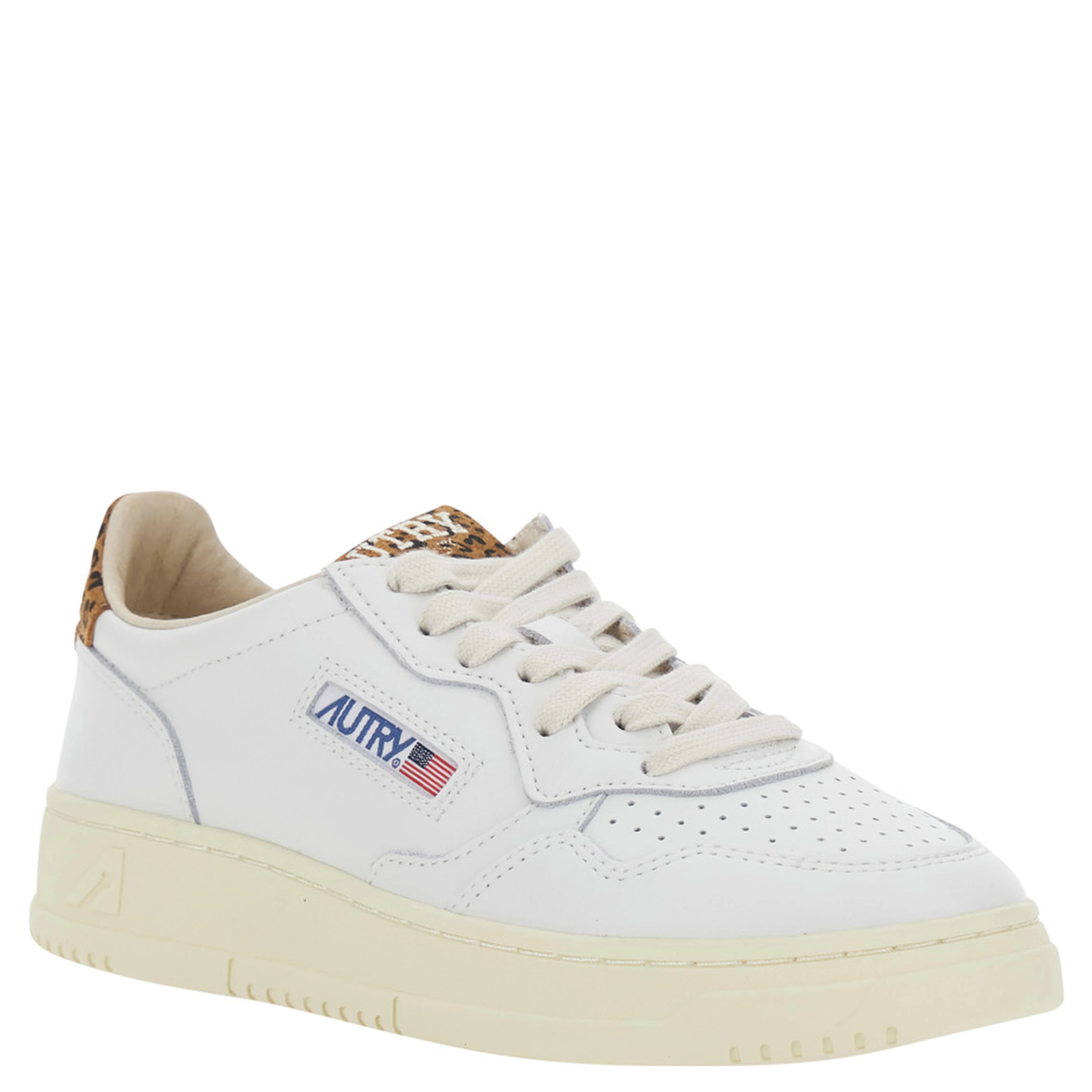Medalist White Low Top Sneaker with Logo Patch on Tongue and Leopard Motif in Leather Women