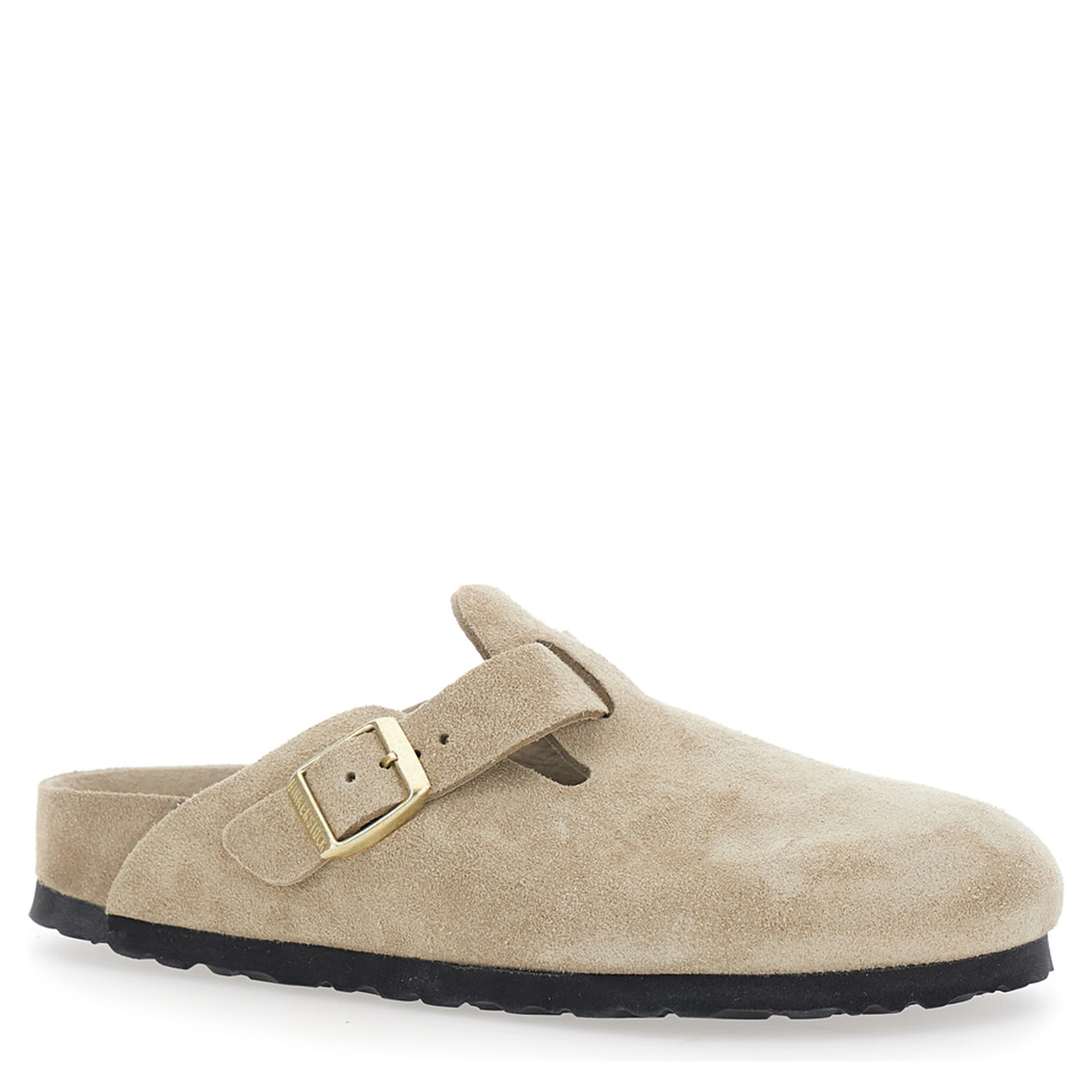 Boston Beige Mules with Buckle and Rounded Toe in Suede for Women