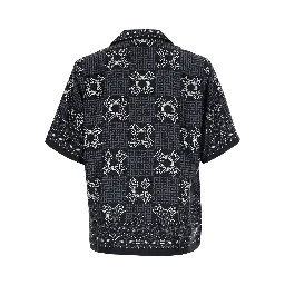 Black Bowling Shirt with Cuban Collar and All-Over Geometric Print in Silk for Men