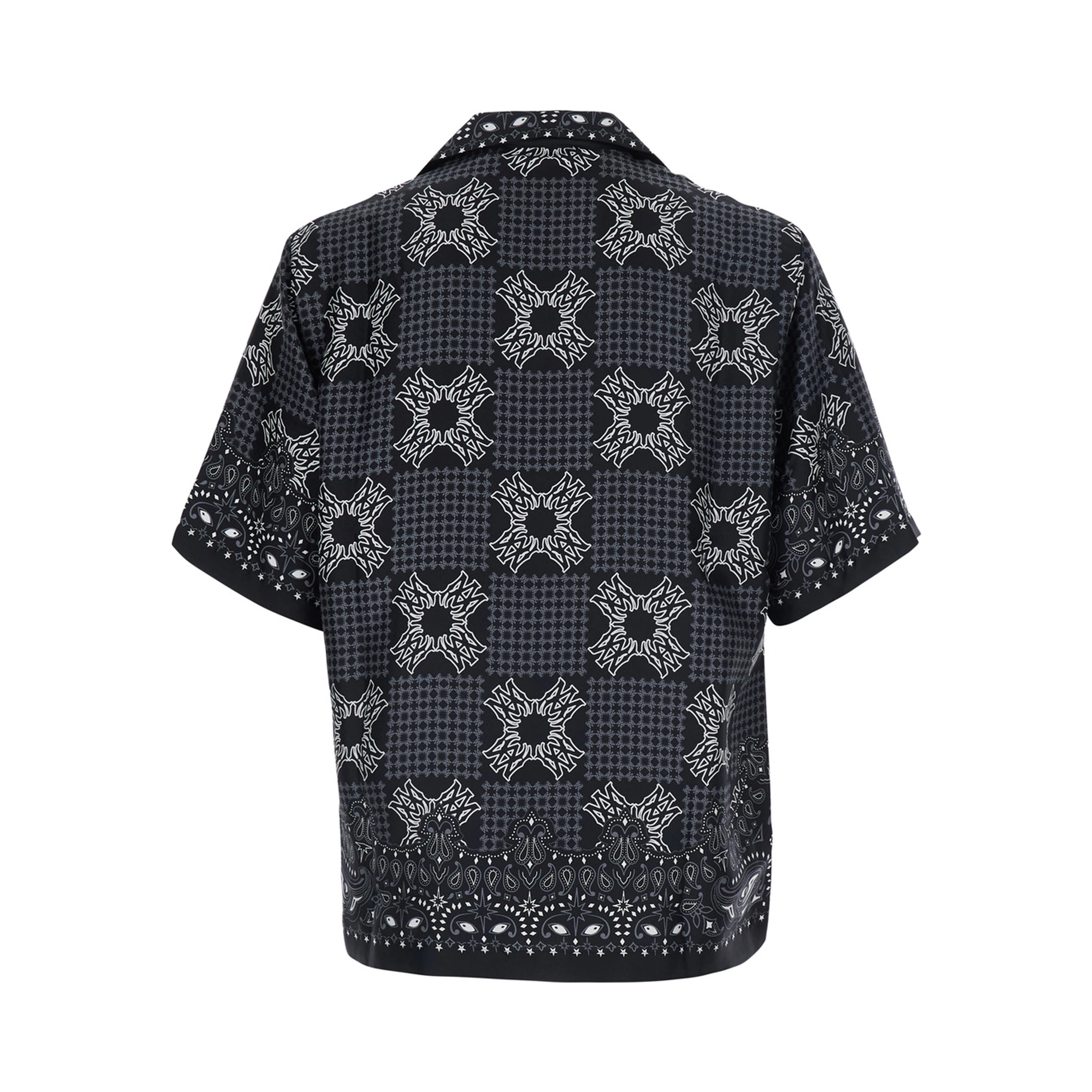 Black Bowling Shirt with Cuban Collar and All-Over Geometric Print in Silk for Men