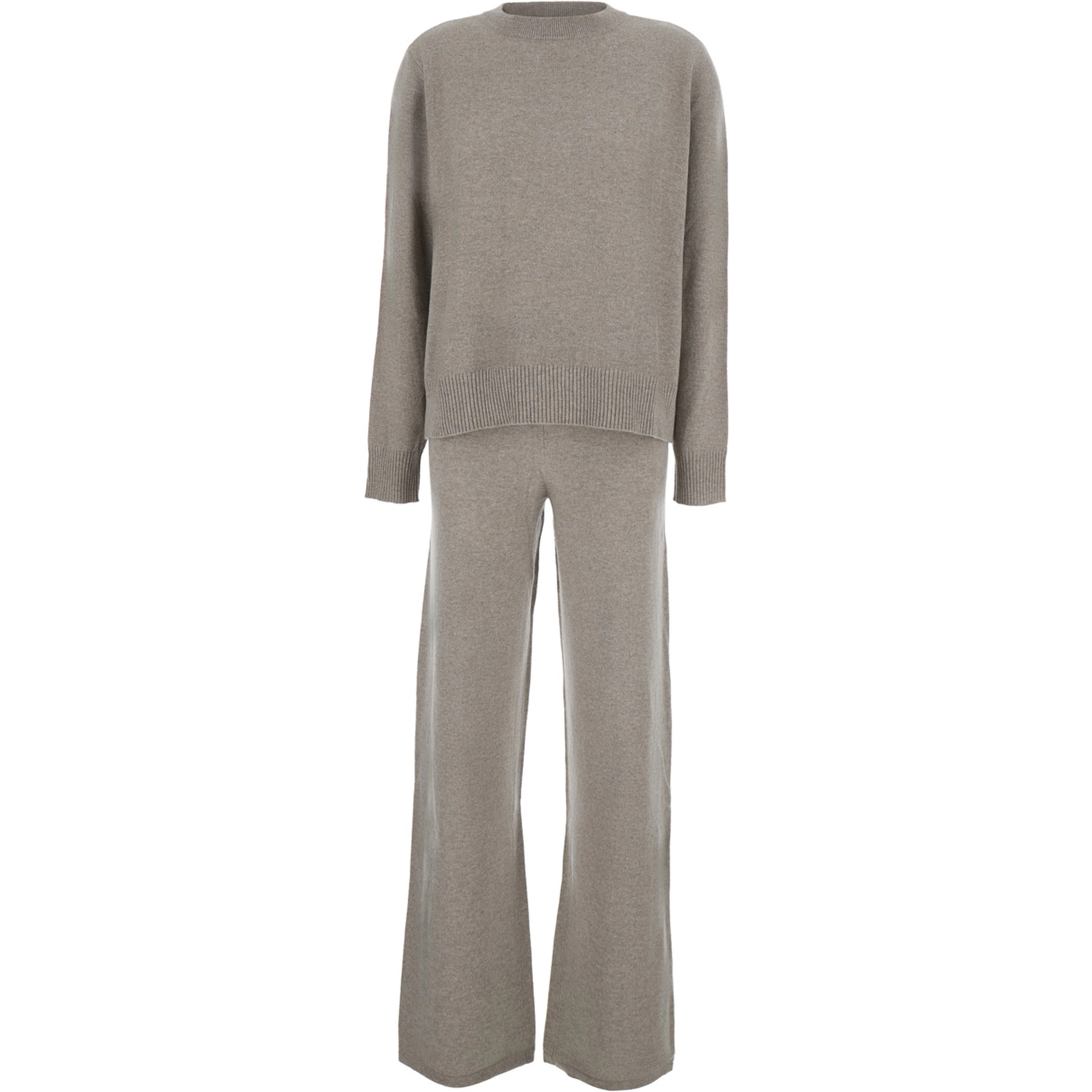 CASHMERE SET with long sleeves and V-neck in beige cashmere for women