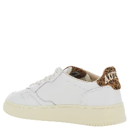 Medalist White Low Top Sneaker with Logo Patch on Tongue and Leopard Motif in Leather Women
