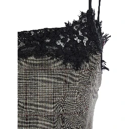 Gray Top with neckline with lace details and check motif all-over in blend wool for women
