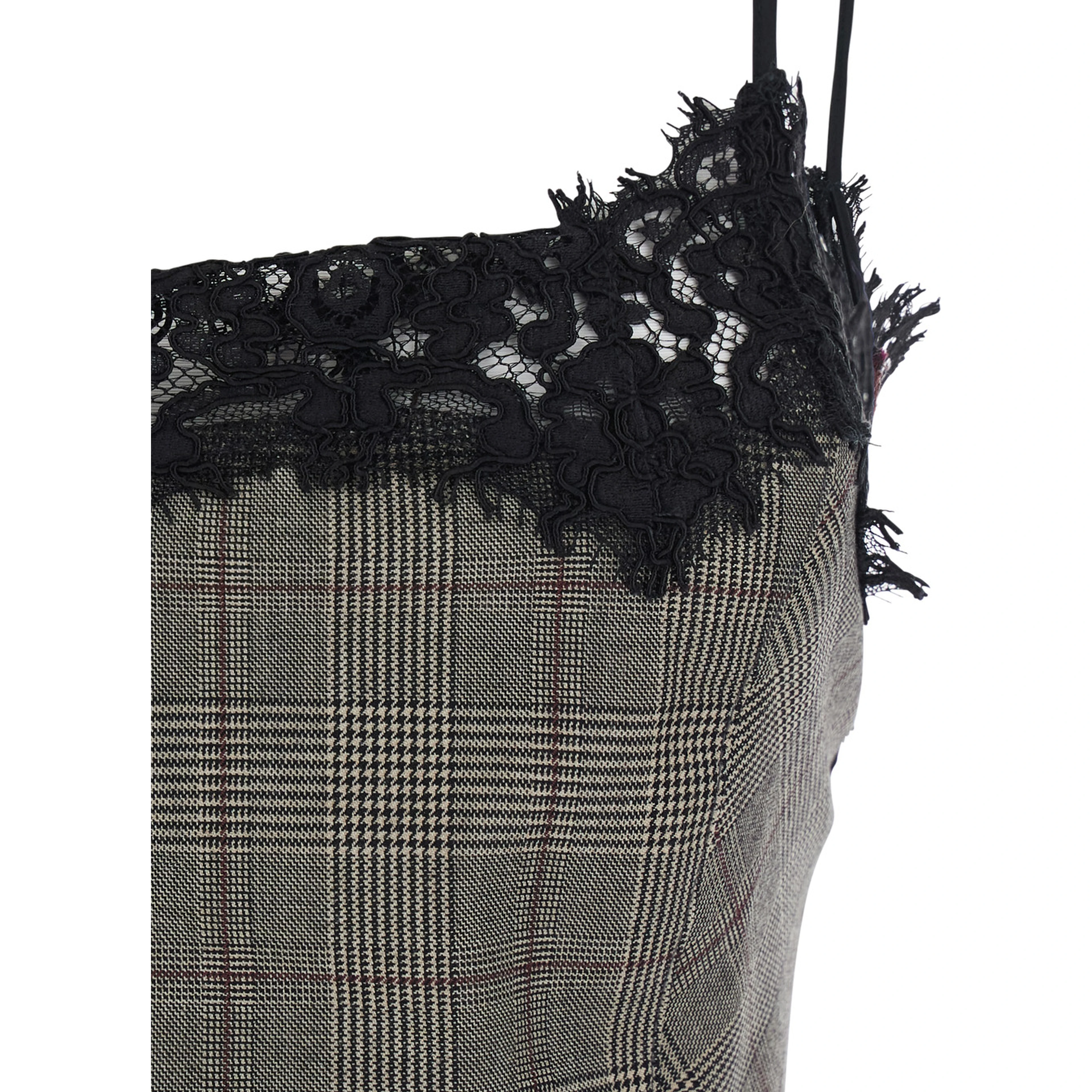 Gray Top with neckline with lace details and check motif all-over in blend wool for women