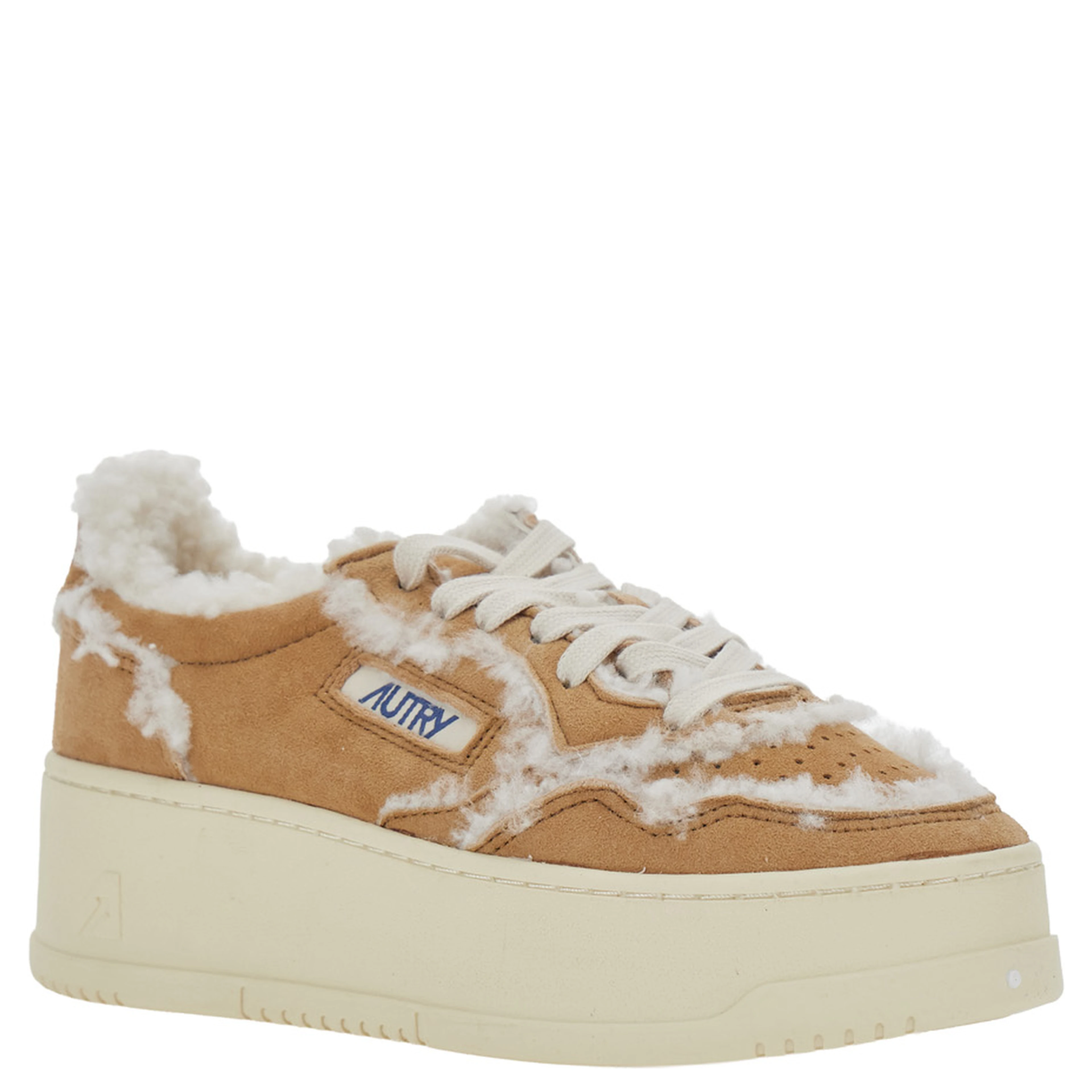 Beige sneakers with platform heel and logo patch in suede for women