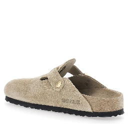 Boston Beige Mules with Buckle and Rounded Toe in Suede for Women