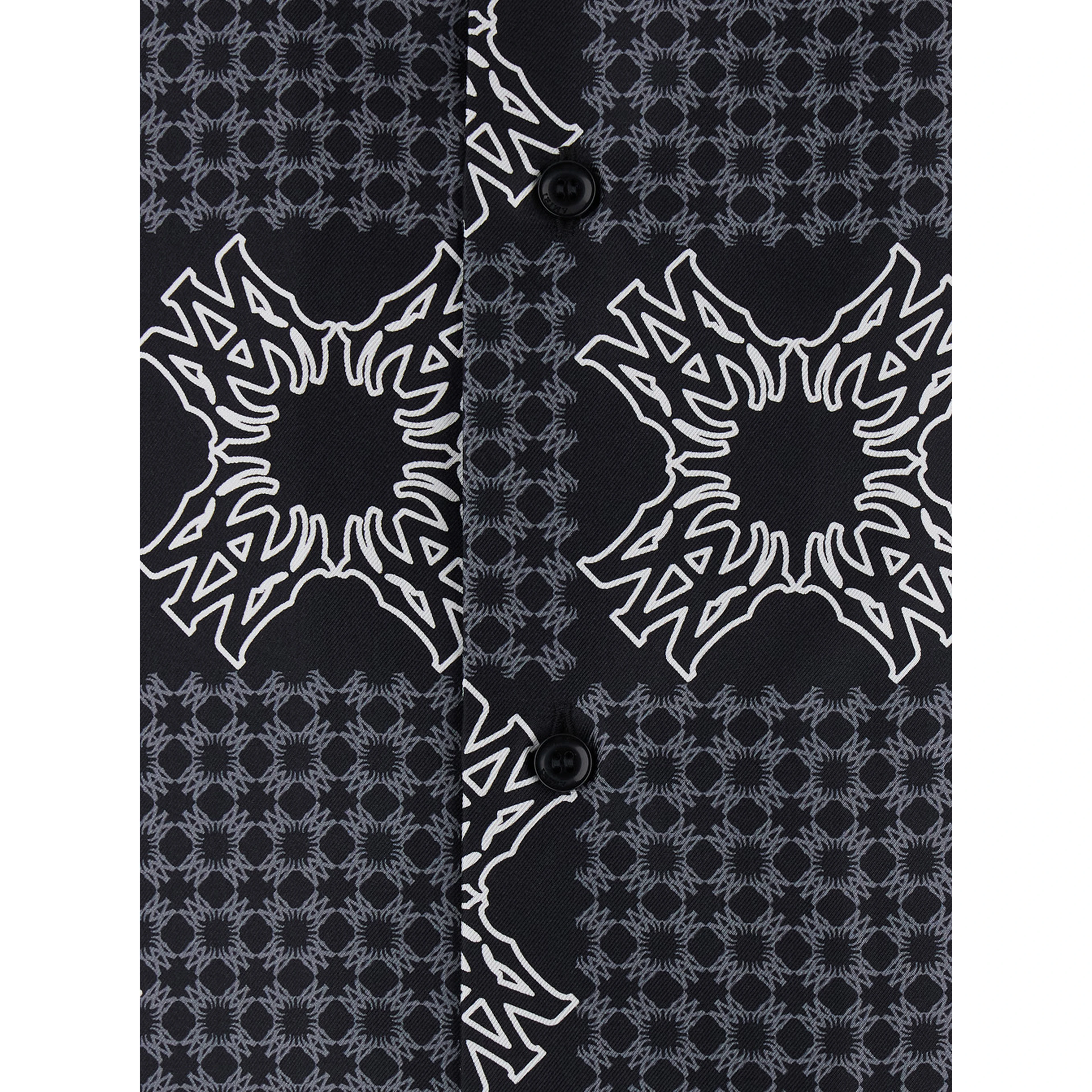 Black Bowling Shirt with Cuban Collar and All-Over Geometric Print in Silk for Men