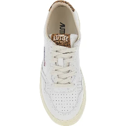 Medalist White Low Top Sneaker with Logo Patch on Tongue and Leopard Motif in Leather Women