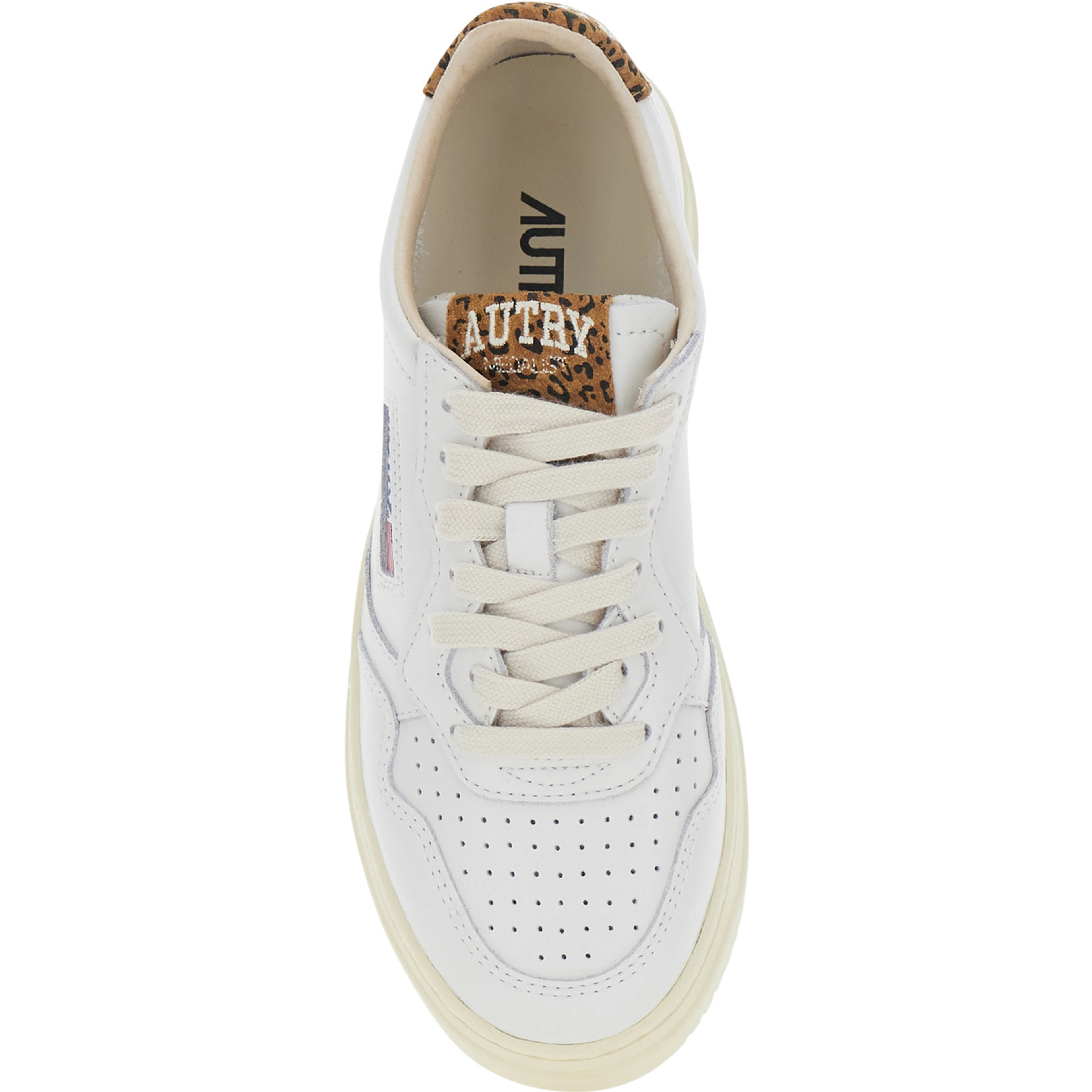 Medalist White Low Top Sneaker with Logo Patch on Tongue and Leopard Motif in Leather Women