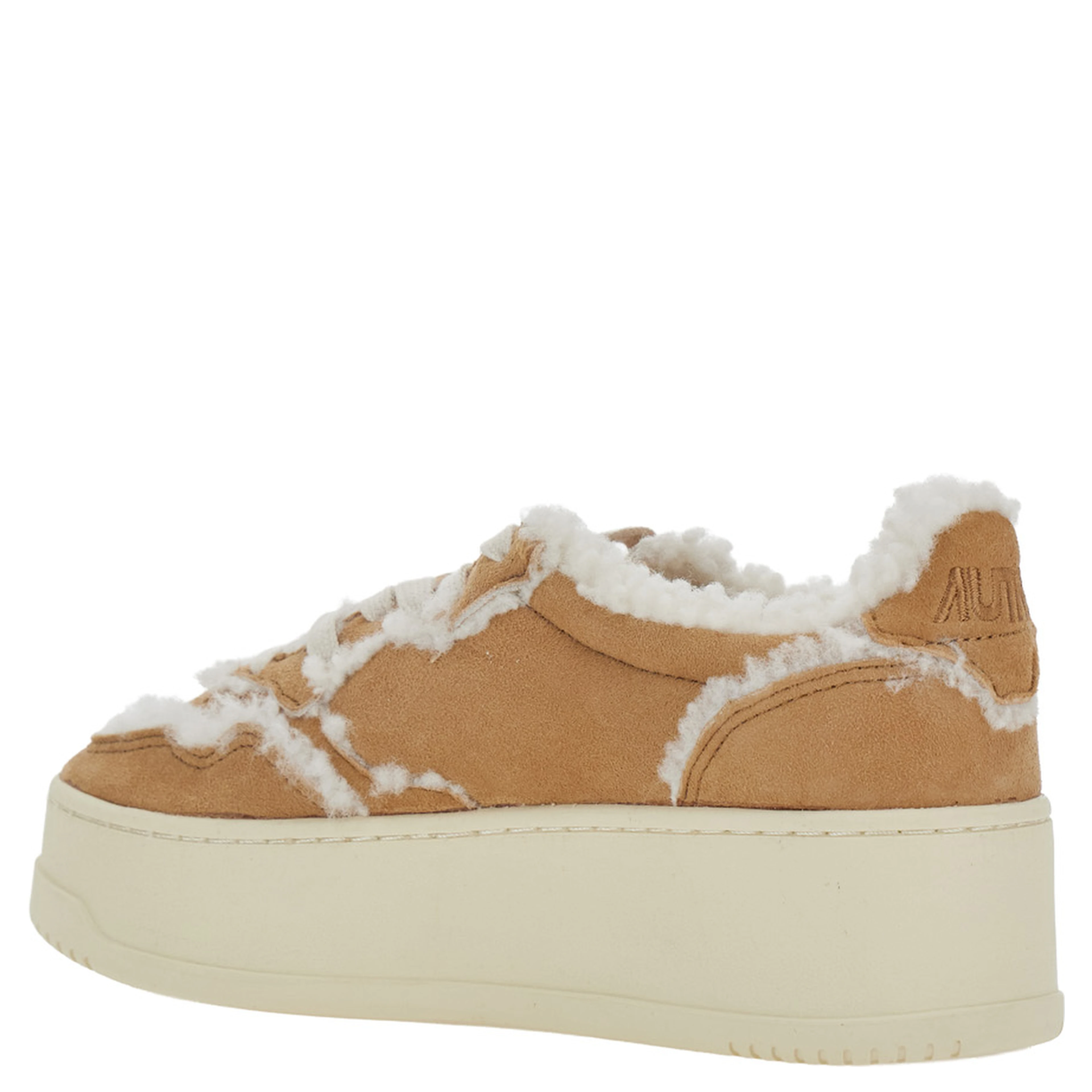 Beige sneakers with platform heel and logo patch in suede for women