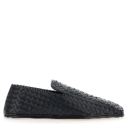 Palazzo Black Loafers with rounded toe and Intrecciato motif in leather for men
