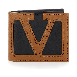 Brown Bi-Fold Wallet with Contrasting Maxi VLogo on the Front in Leather for Men