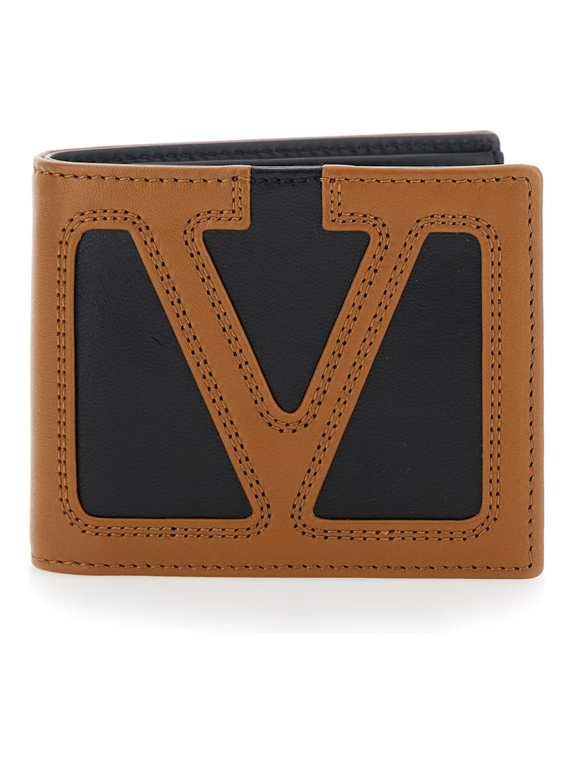 Brown Bi-Fold Wallet with Contrasting Maxi VLogo on the Front in Leather for Men