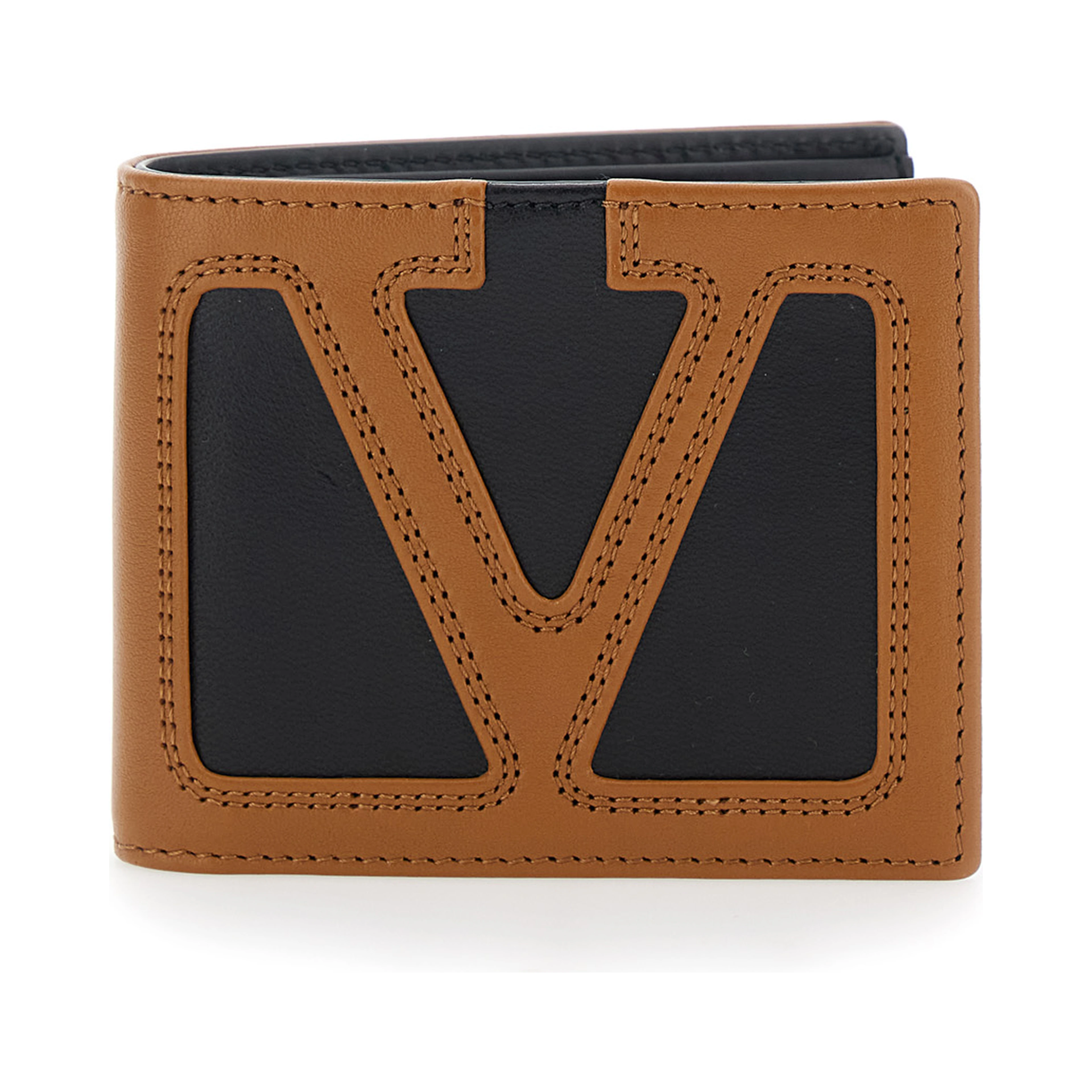 Brown Bi-Fold Wallet with Contrasting Maxi VLogo on the Front in Leather for Men