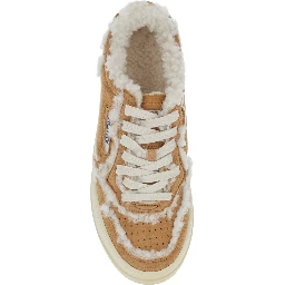 Beige sneakers with platform heel and logo patch in suede for women