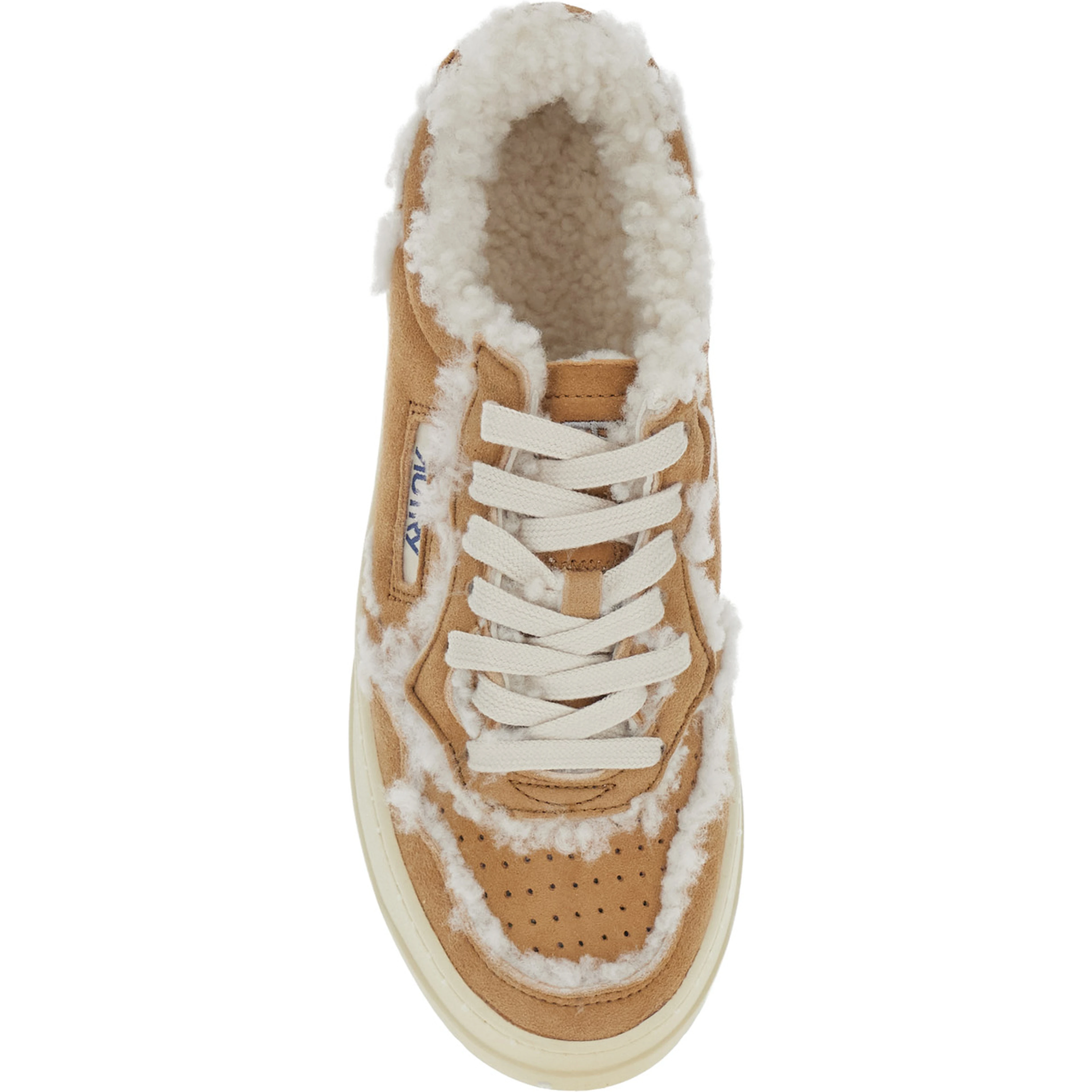 Beige sneakers with platform heel and logo patch in suede for women