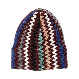 Multicolor beanie with turn-up brim ZigZag motif in wool blend for men