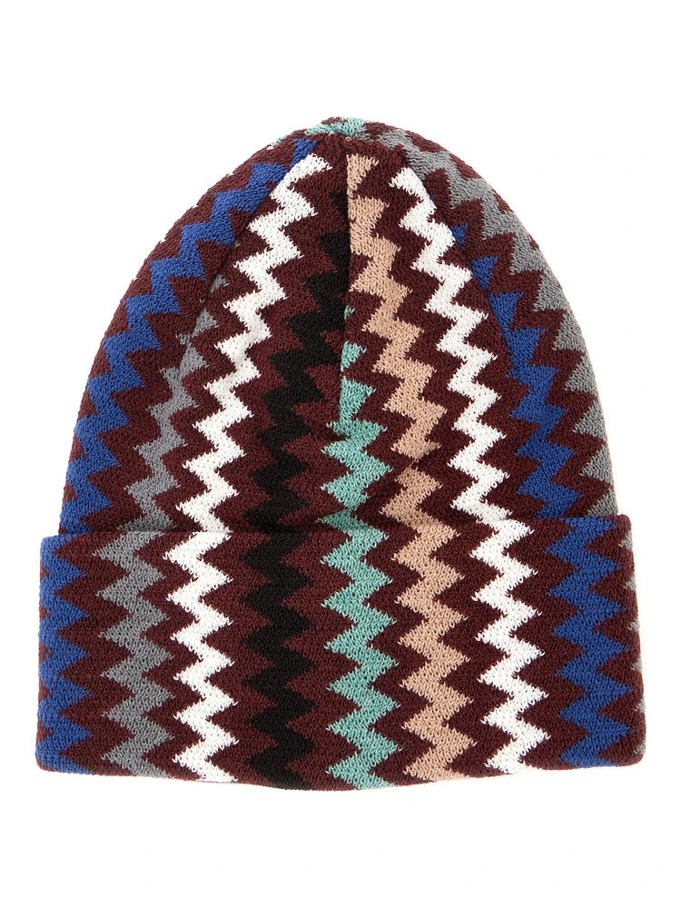 Multicolor beanie with turn-up brim ZigZag motif in wool blend for men