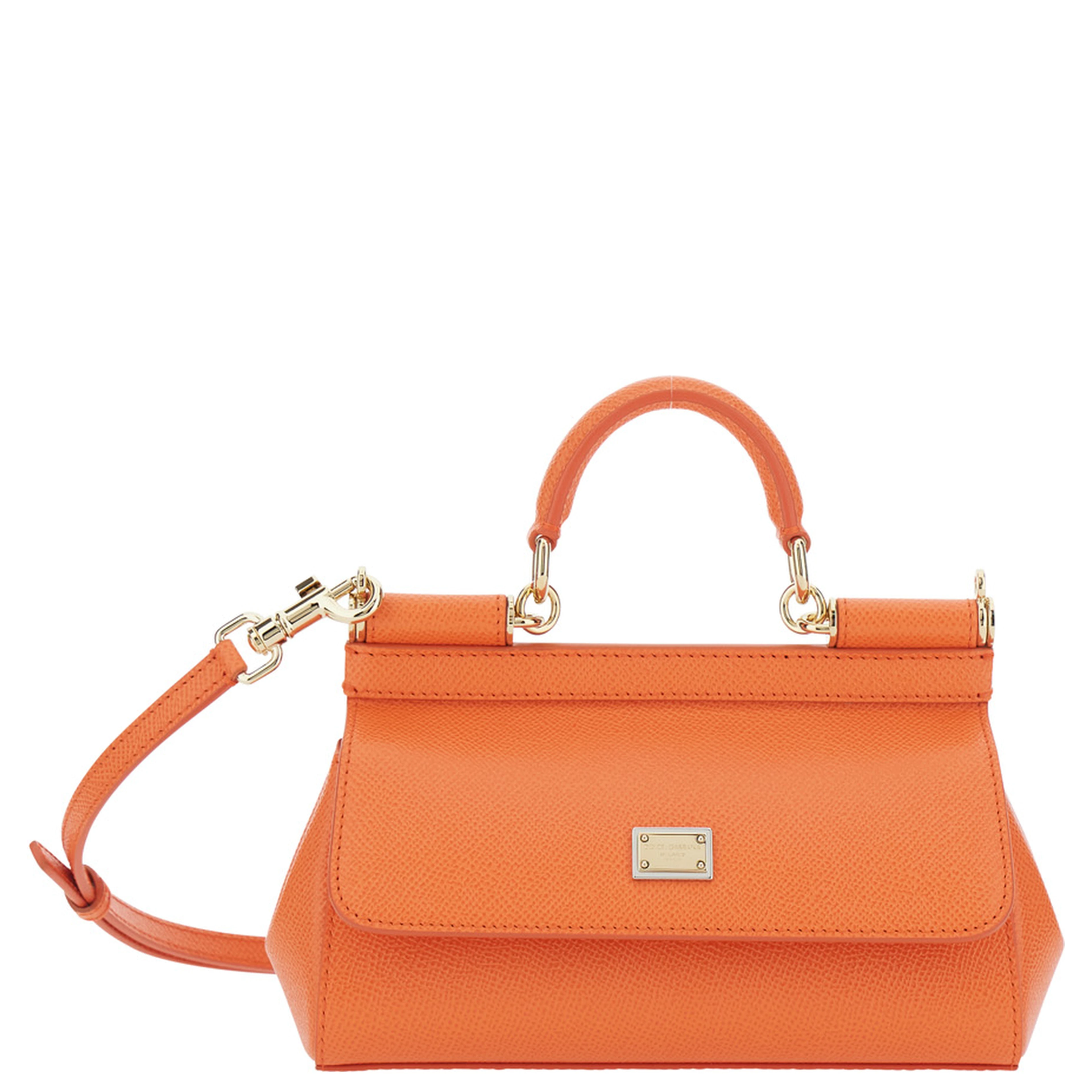 Sicily Orange handbag with Adjustable and Removable Shoulder Strap and Logo Plate on the Front in Leather for Women