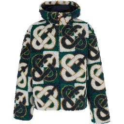 Green Jacket with Hood and All-Over Logo Monogram in Wool Blend for Men