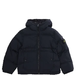 Short Parka with Hood and Pockets, Tech Fabric, Blue, Unisex