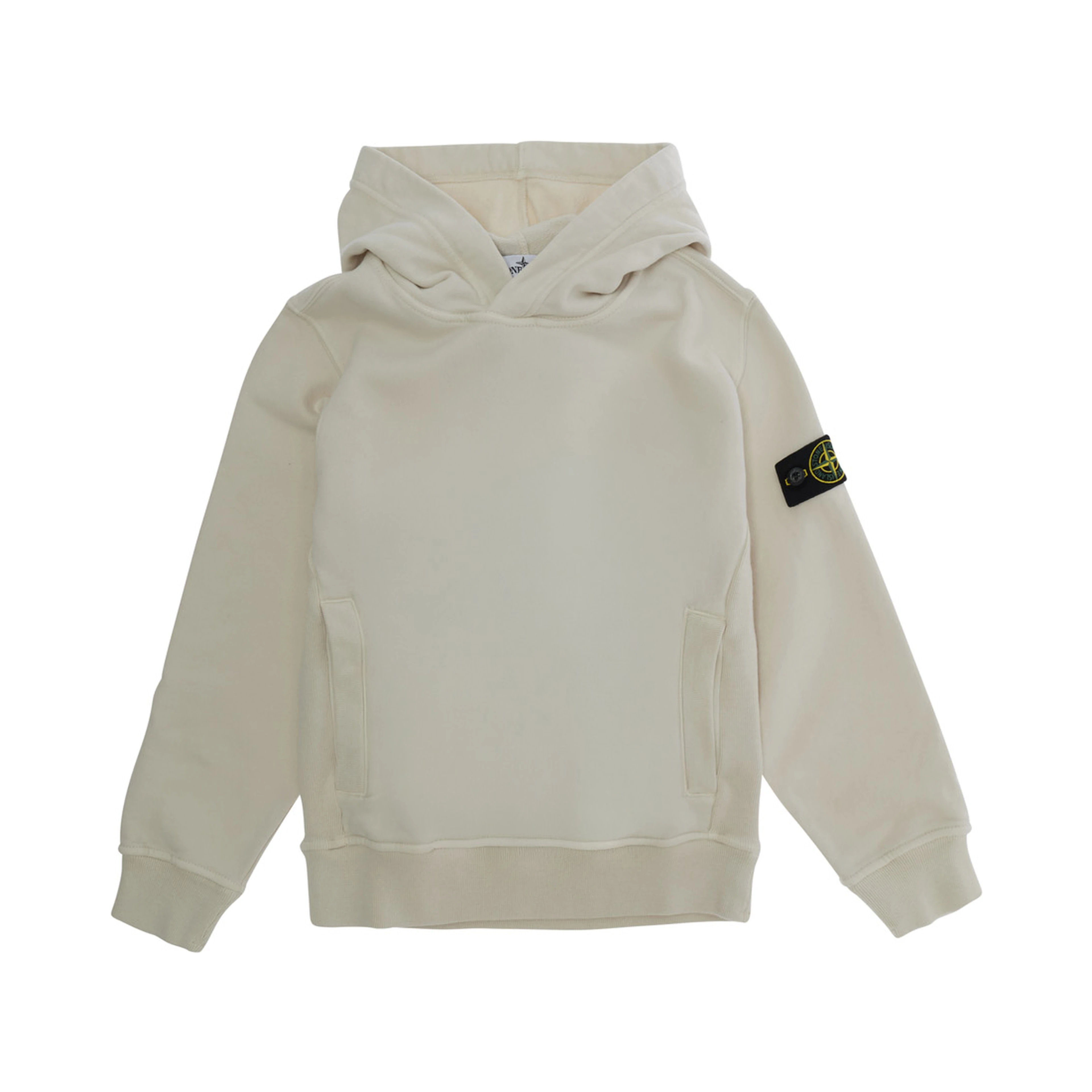 White Hoodie with Fixed Hood and Logo Patch on Sleeve in Cotton Boy