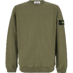 Green Crewneck sweatshirt with logo patch on the sleeve in cotton for men
