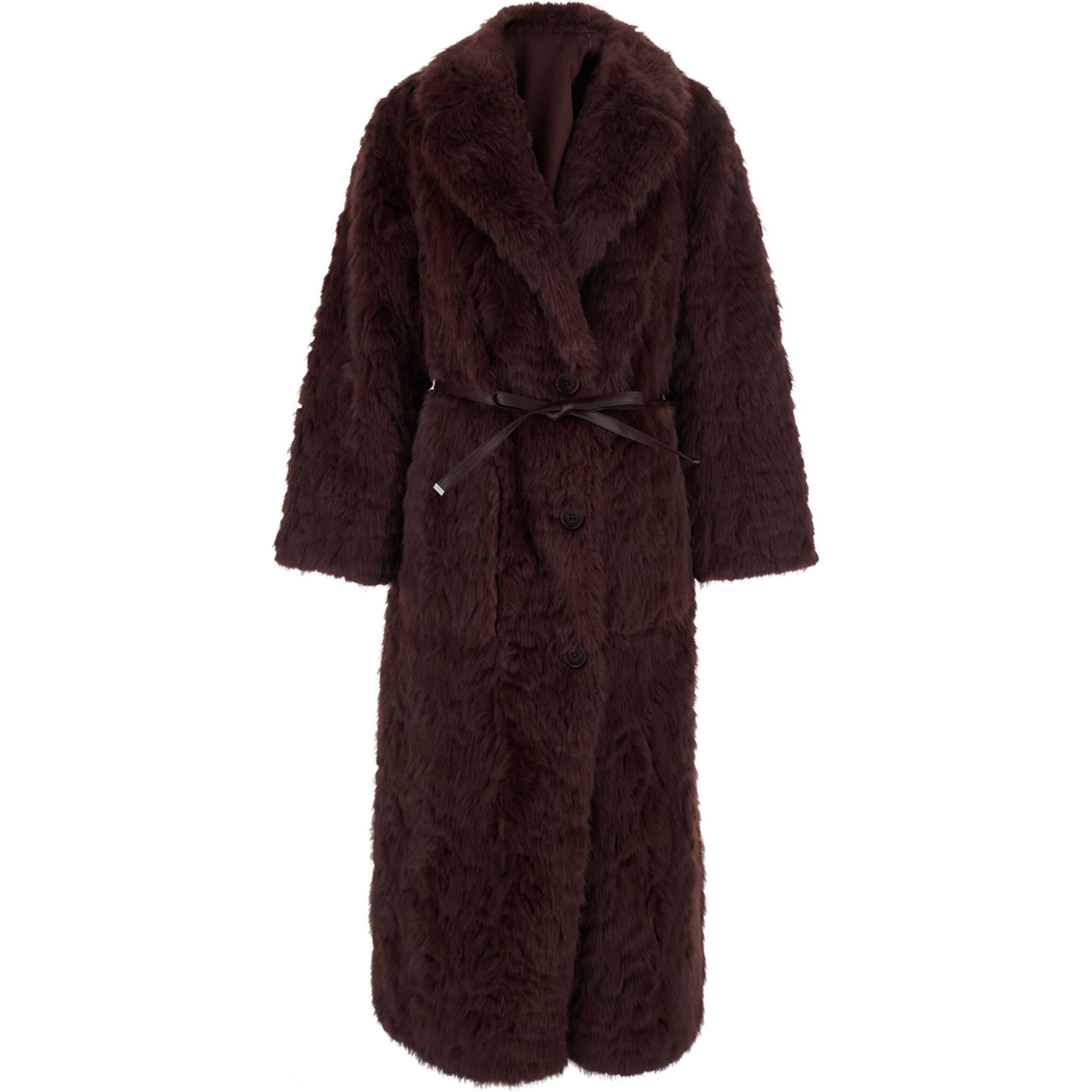 Bordeaux Fur Coat with Reversible Design and Waist Belt in Faux fur for Women