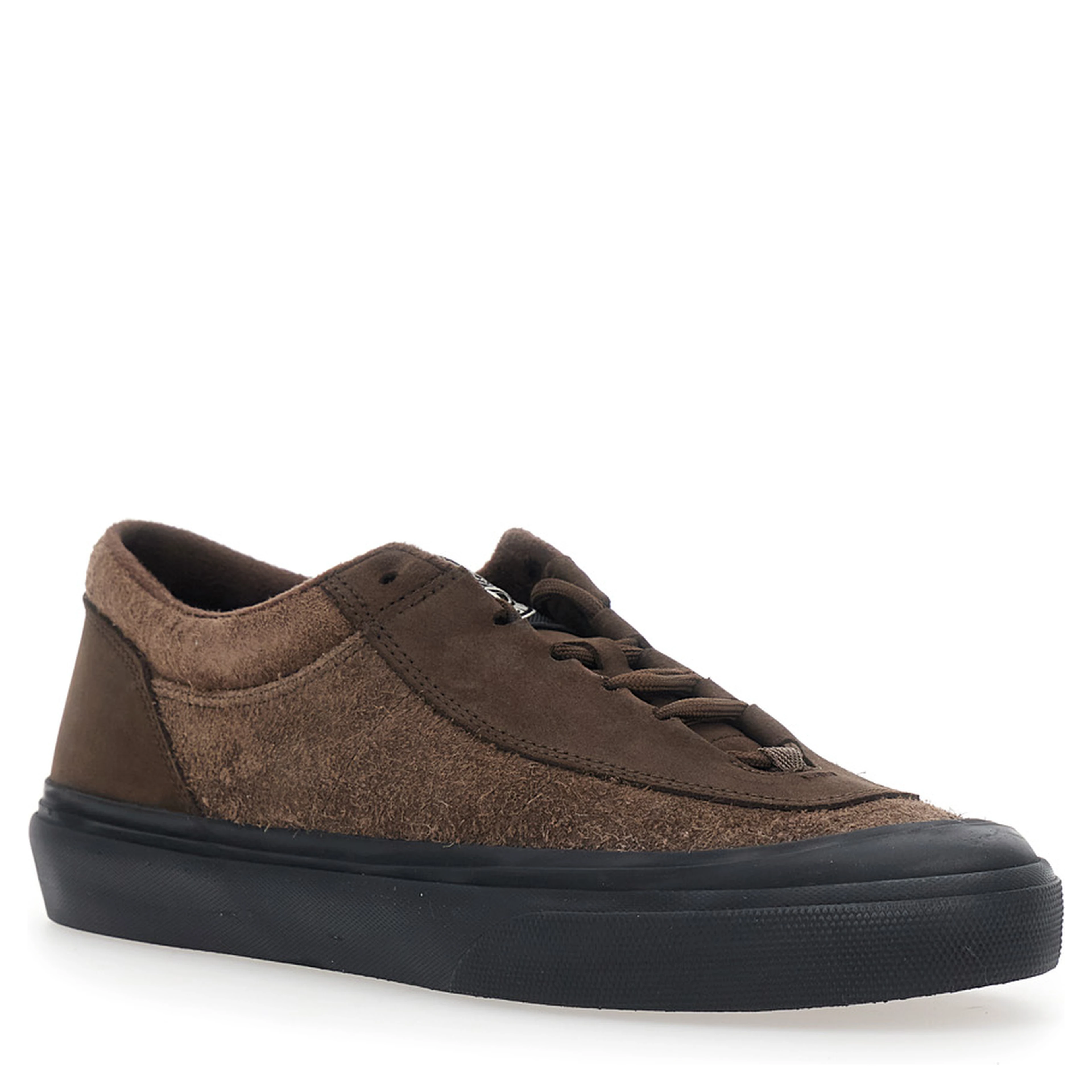 Brown low top sneakers with logo on the tongue in suede for men