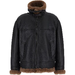 Brown Jacket with removable collar and shearling lining in leather for men