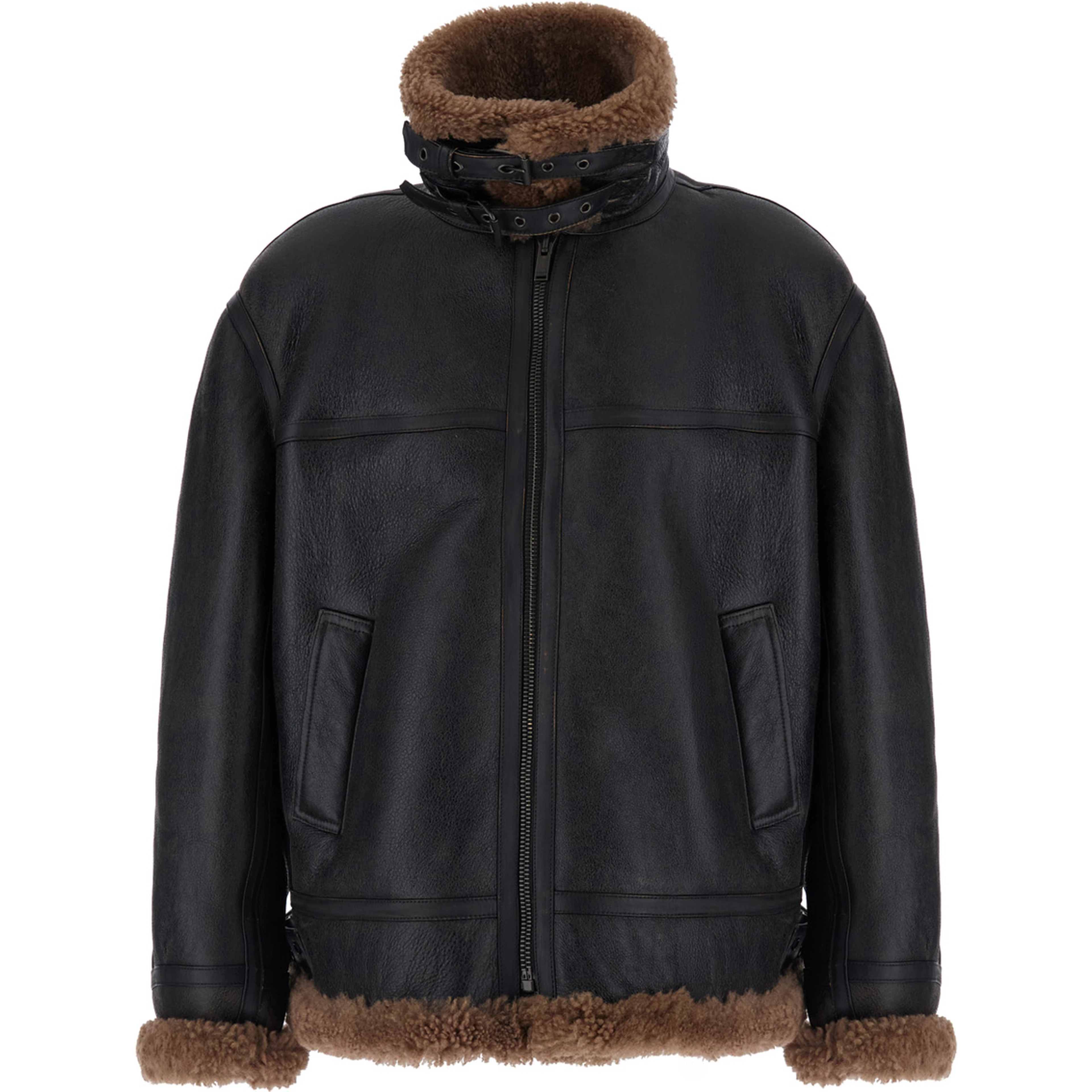 Brown Jacket with removable collar and shearling lining in leather for men