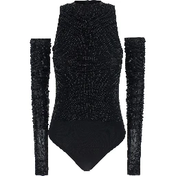 Black Body with all-over rhinestones and detachable sleeves in Tech Fabric women