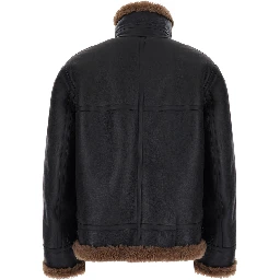 Brown Jacket with removable collar and shearling lining in leather for men
