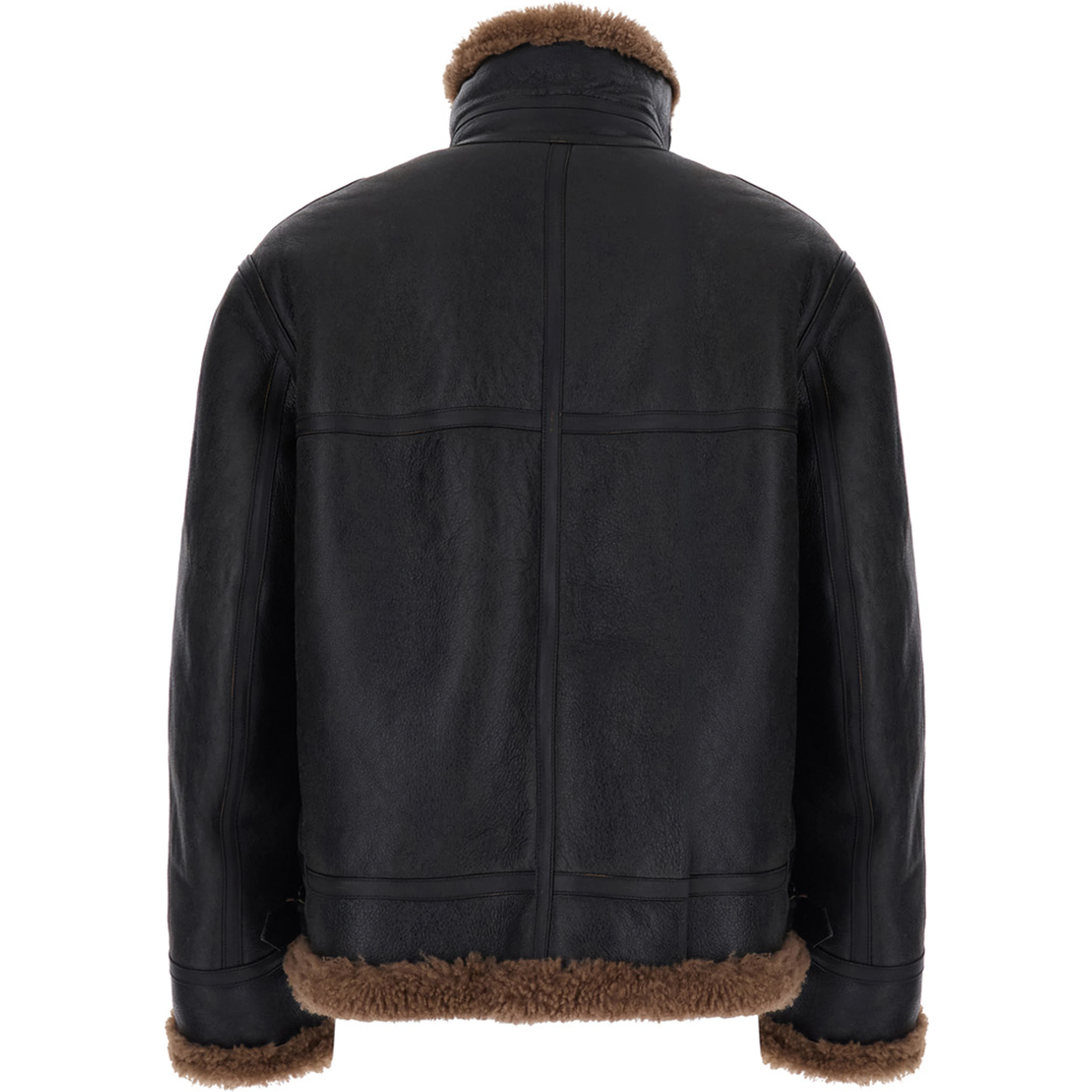 Brown Jacket with removable collar and shearling lining in leather for men