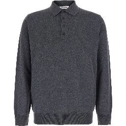 Grey Long Sleeve Polo Shirt with Classic Collar in Wool for Men