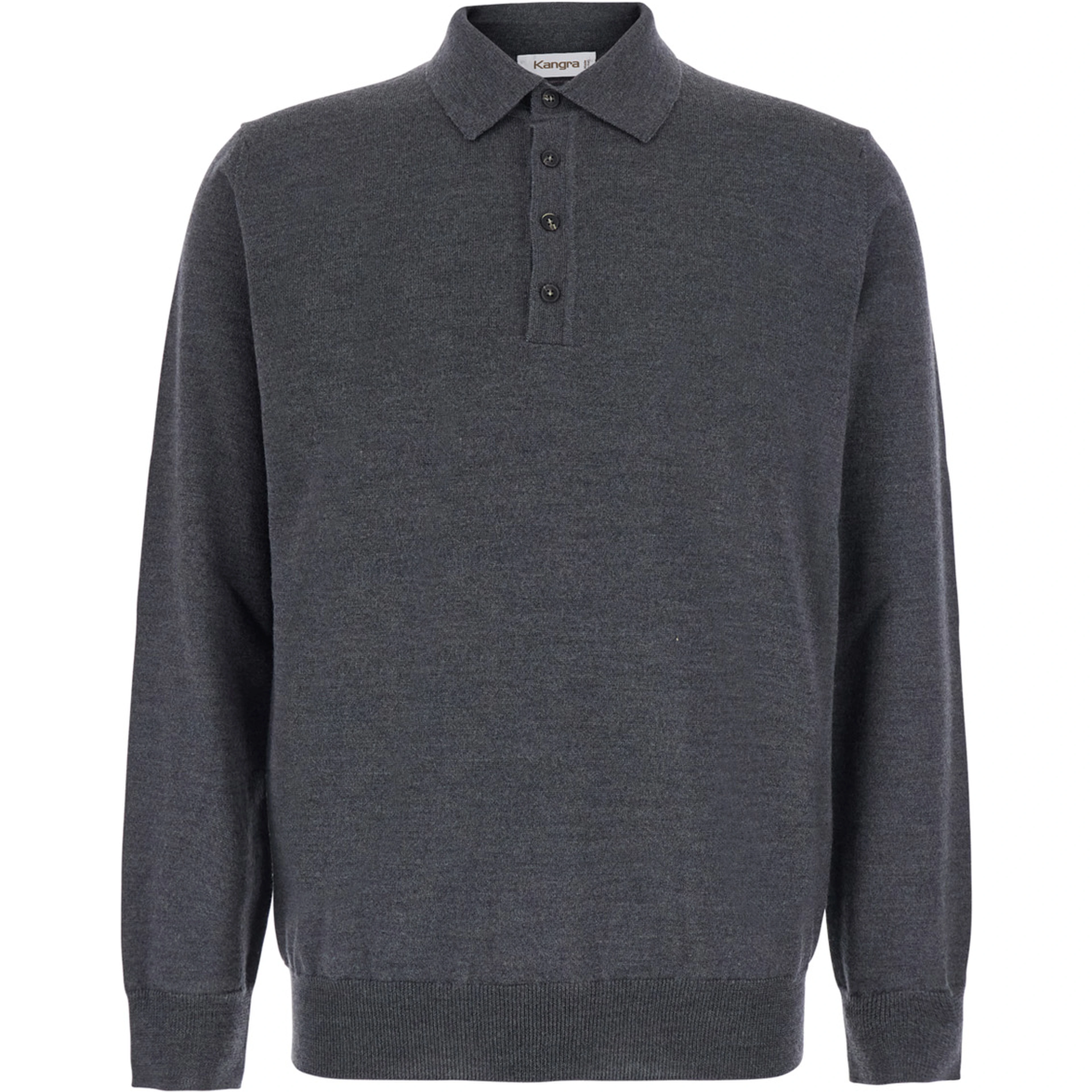 Grey Long Sleeve Polo Shirt with Classic Collar in Wool for Men