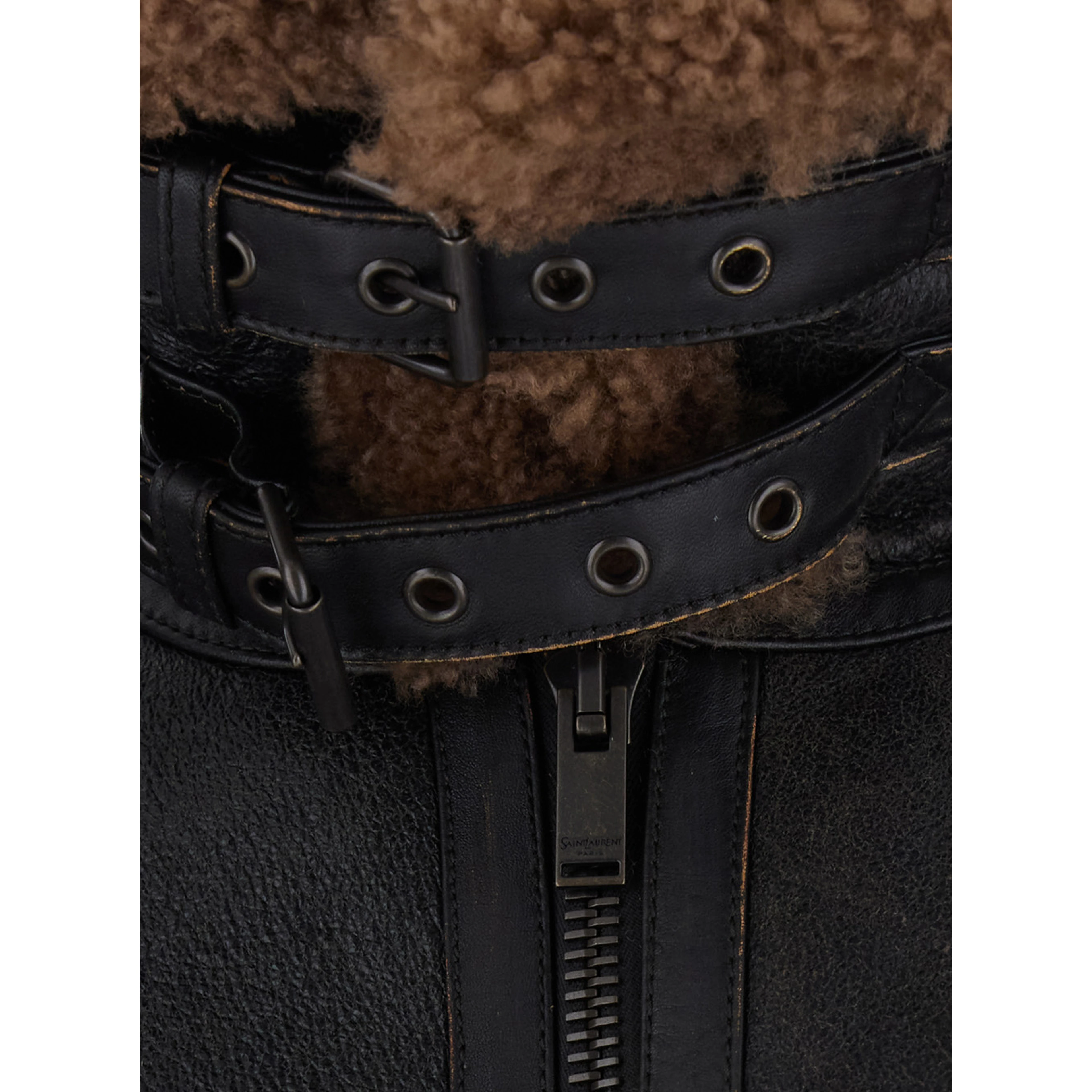 Brown Jacket with removable collar and shearling lining in leather for men