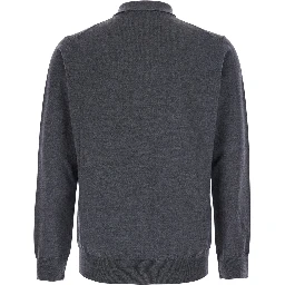 Grey Long Sleeve Polo Shirt with Classic Collar in Wool for Men