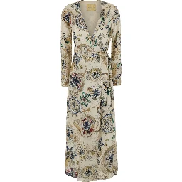 White Dress with V-neck and all-over print in viscose for women
