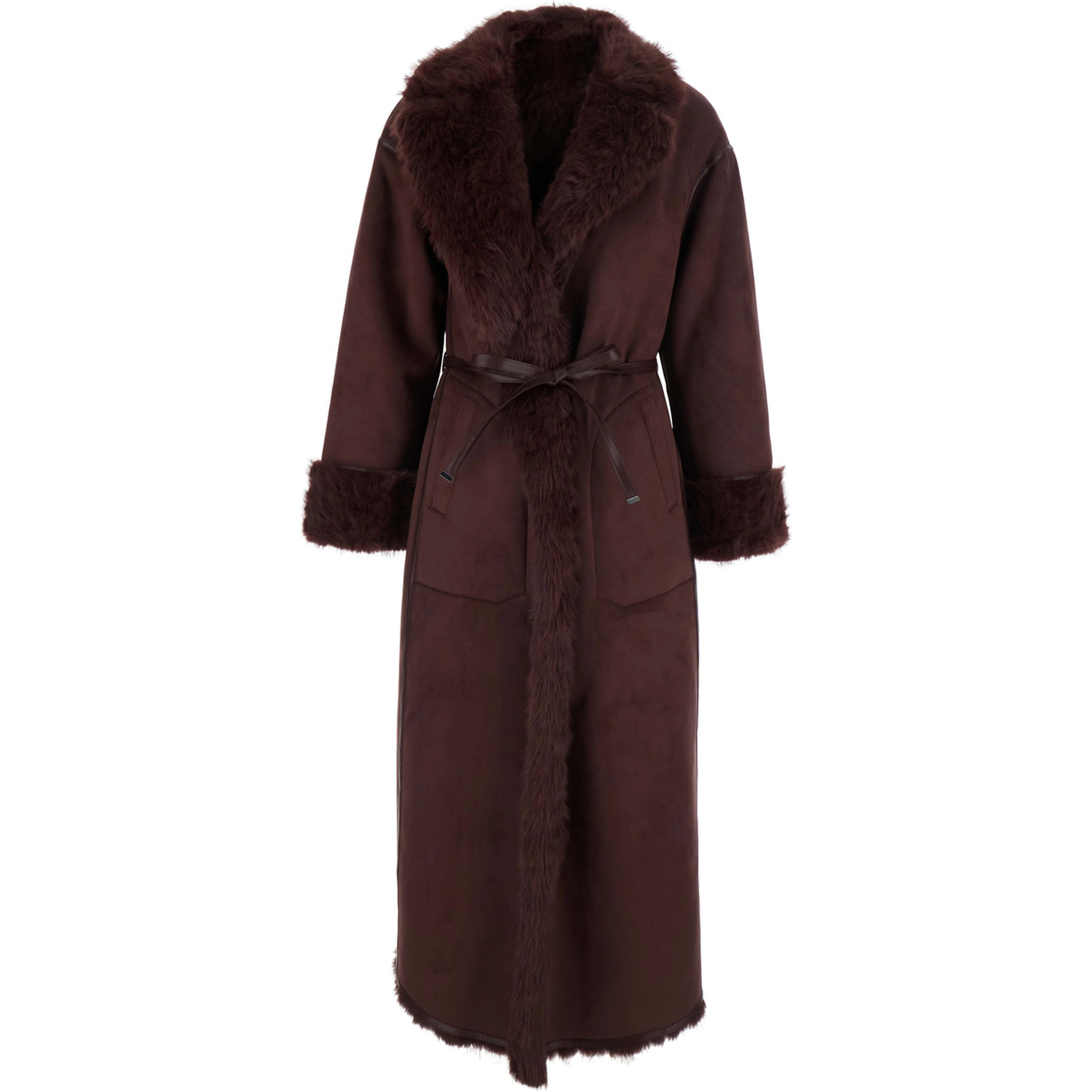 Bordeaux Fur Coat with Reversible Design and Waist Belt in Faux fur for Women