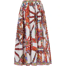 Multicolor Skirt with front belt and all-over Carretto print in cotton for women
