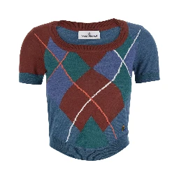 blue crop top with Argyle Motif and embroidered logo on the front in wool Women