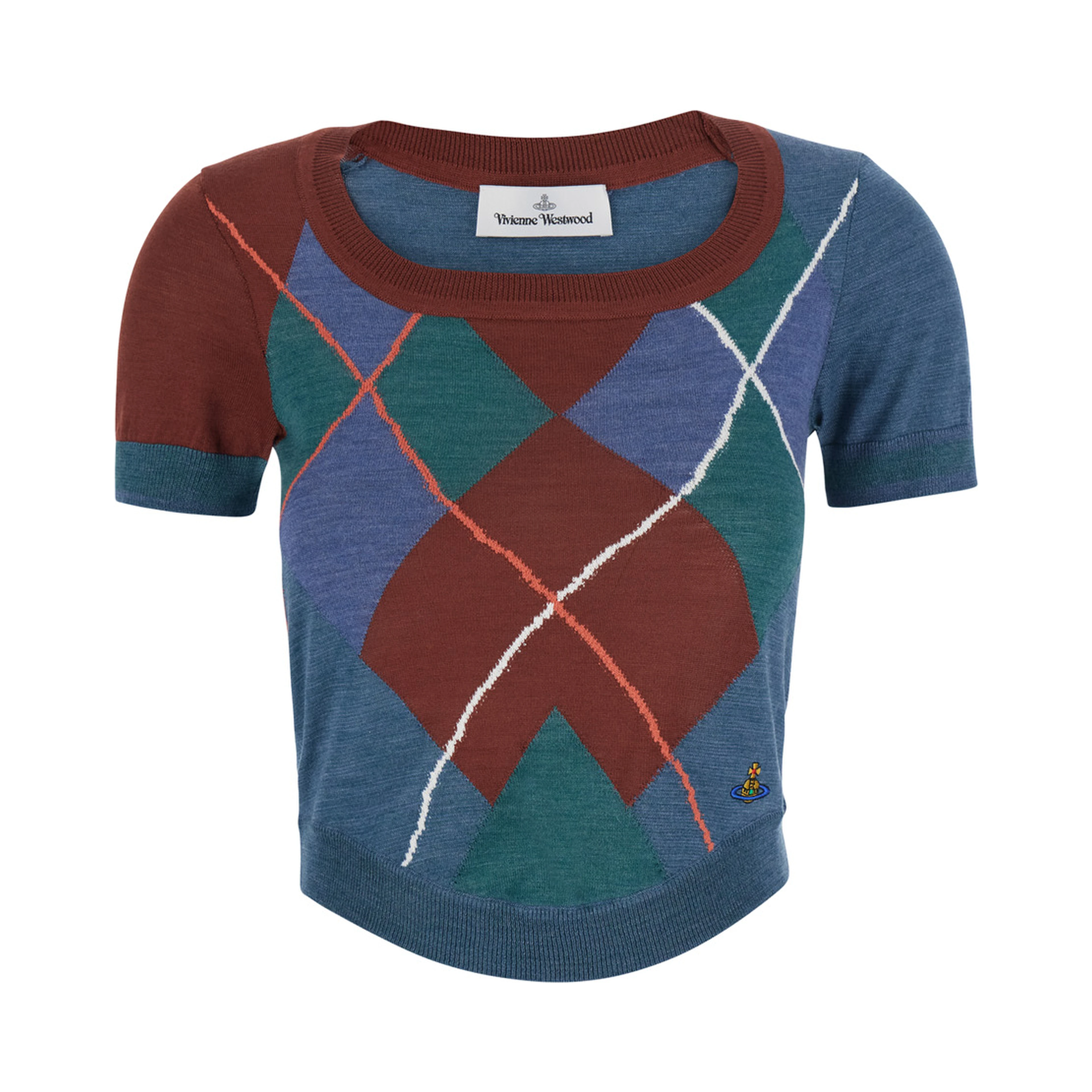 blue crop top with Argyle Motif and embroidered logo on the front in wool Women