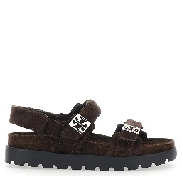 Brown Sandals with Adjustable Closure and Logo Plates in Suede Women